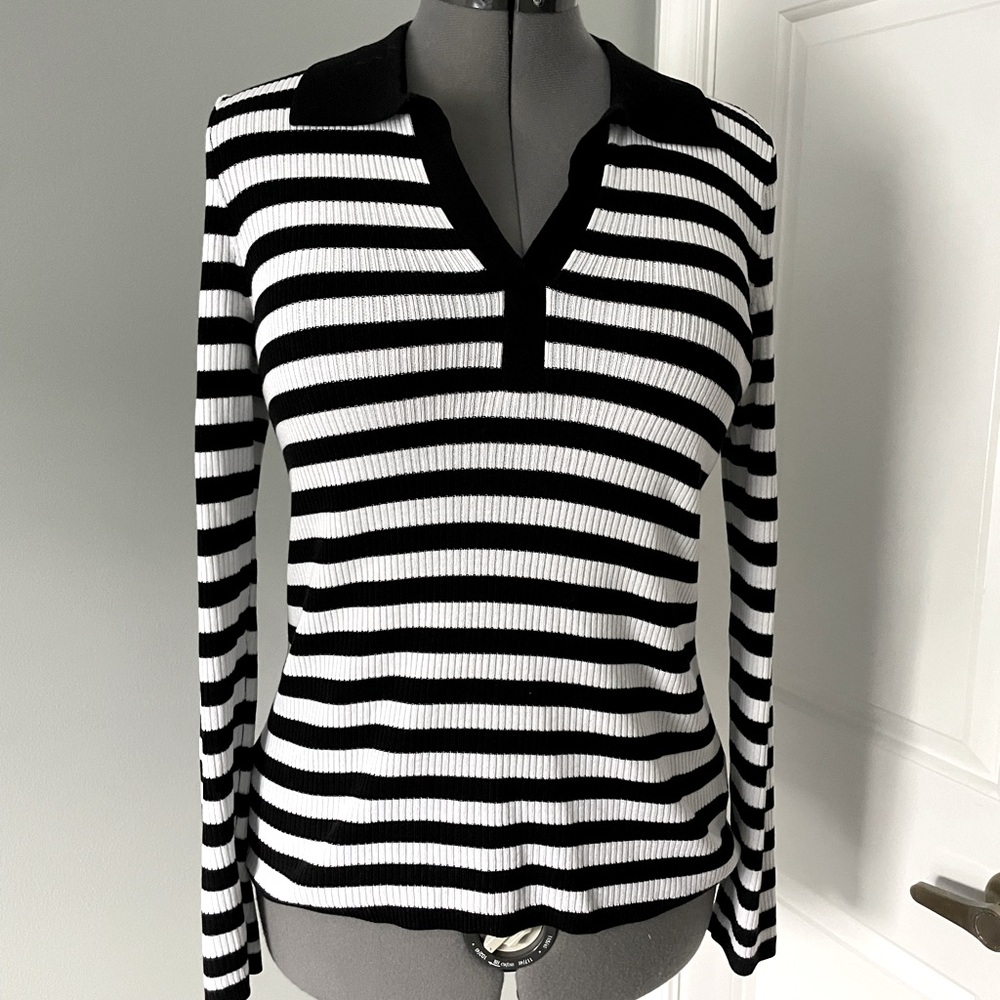 Talbots Johnny Collar Top Black White Stripe Small